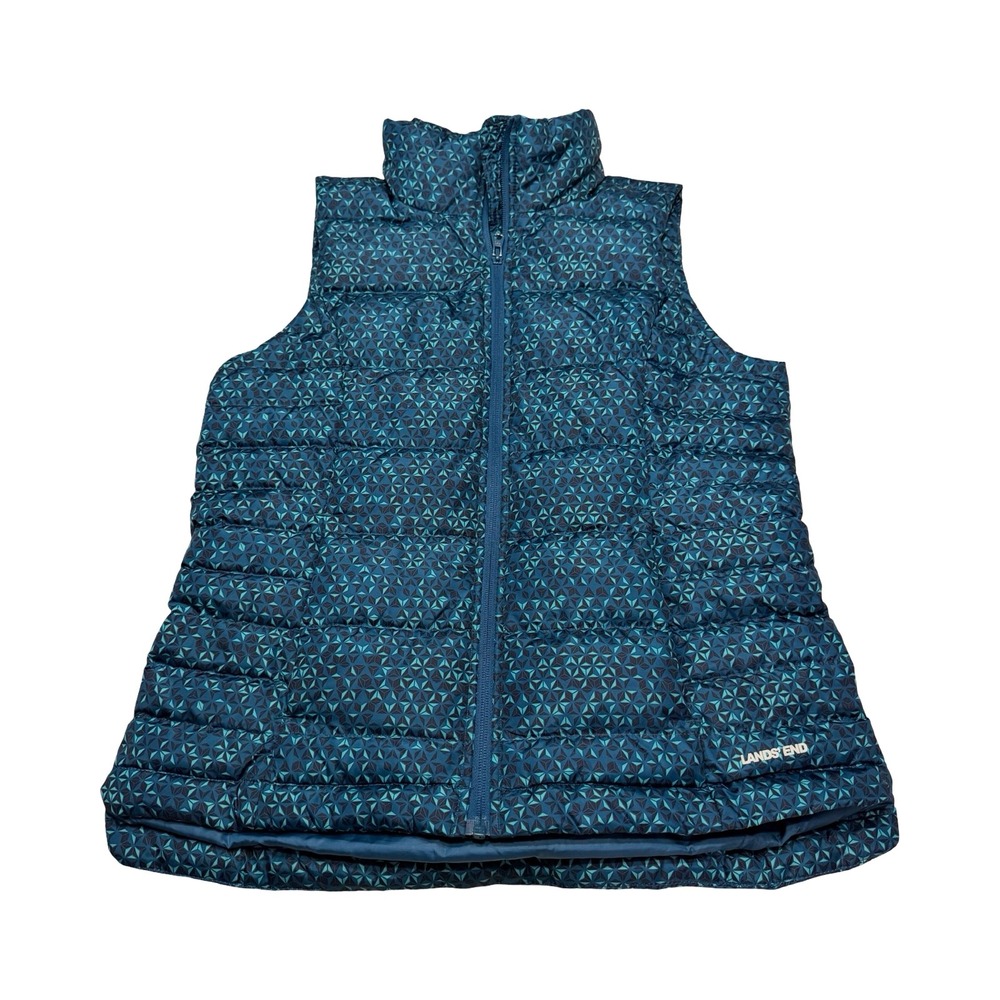 Lands End Womens Teal Geometric Star Print Down Puffer Vest Size S 6-8 Full Zip